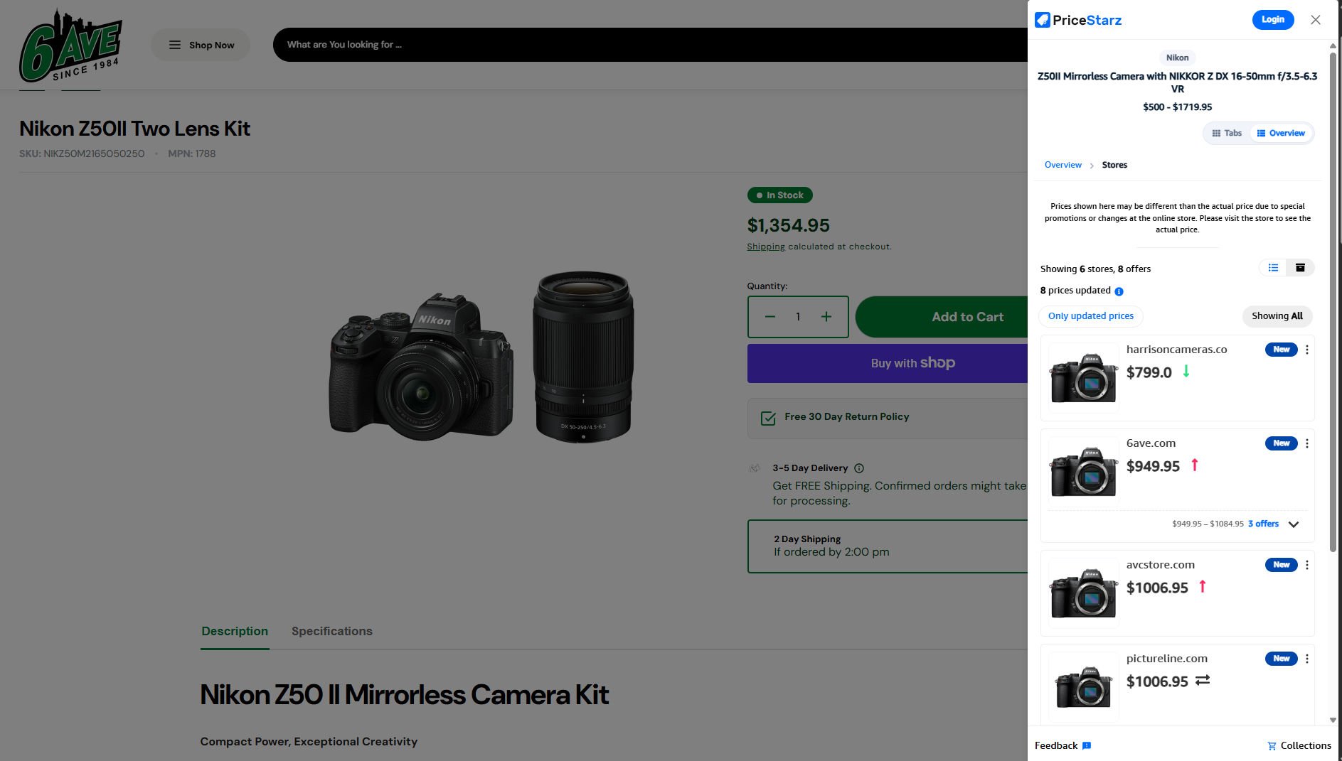 PriceStarz browser extension showing recently updated prices from multiple stores beside a Nikon camera product page