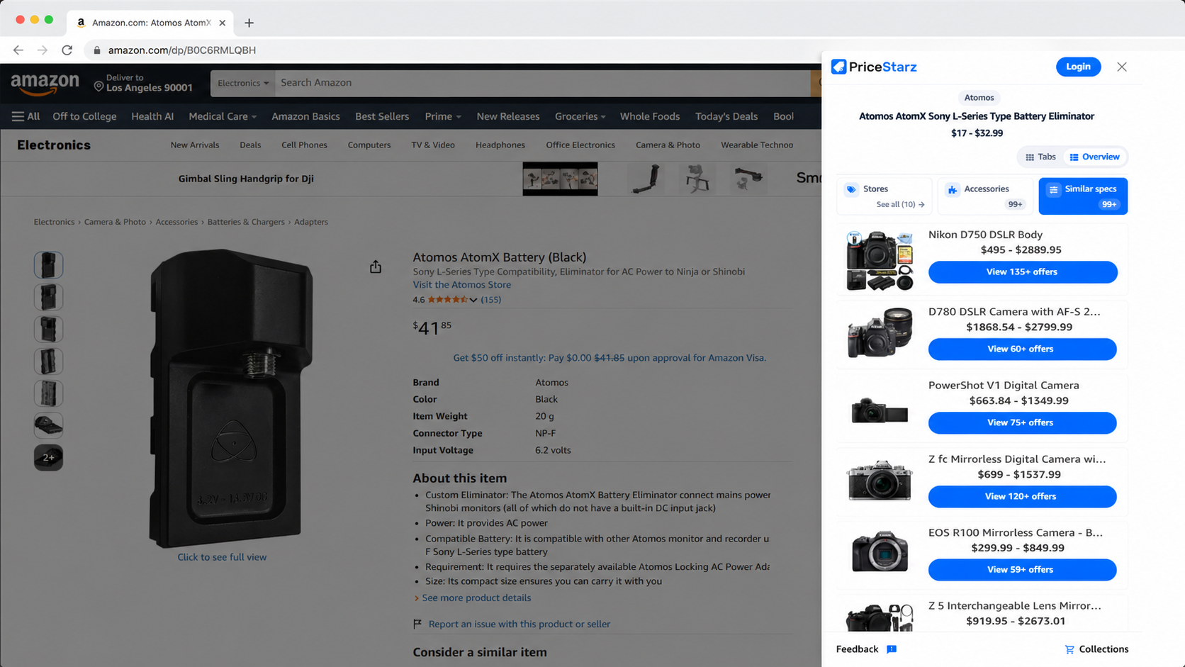 PriceStarz compares accessories and products with similar specifications beside a shopping page