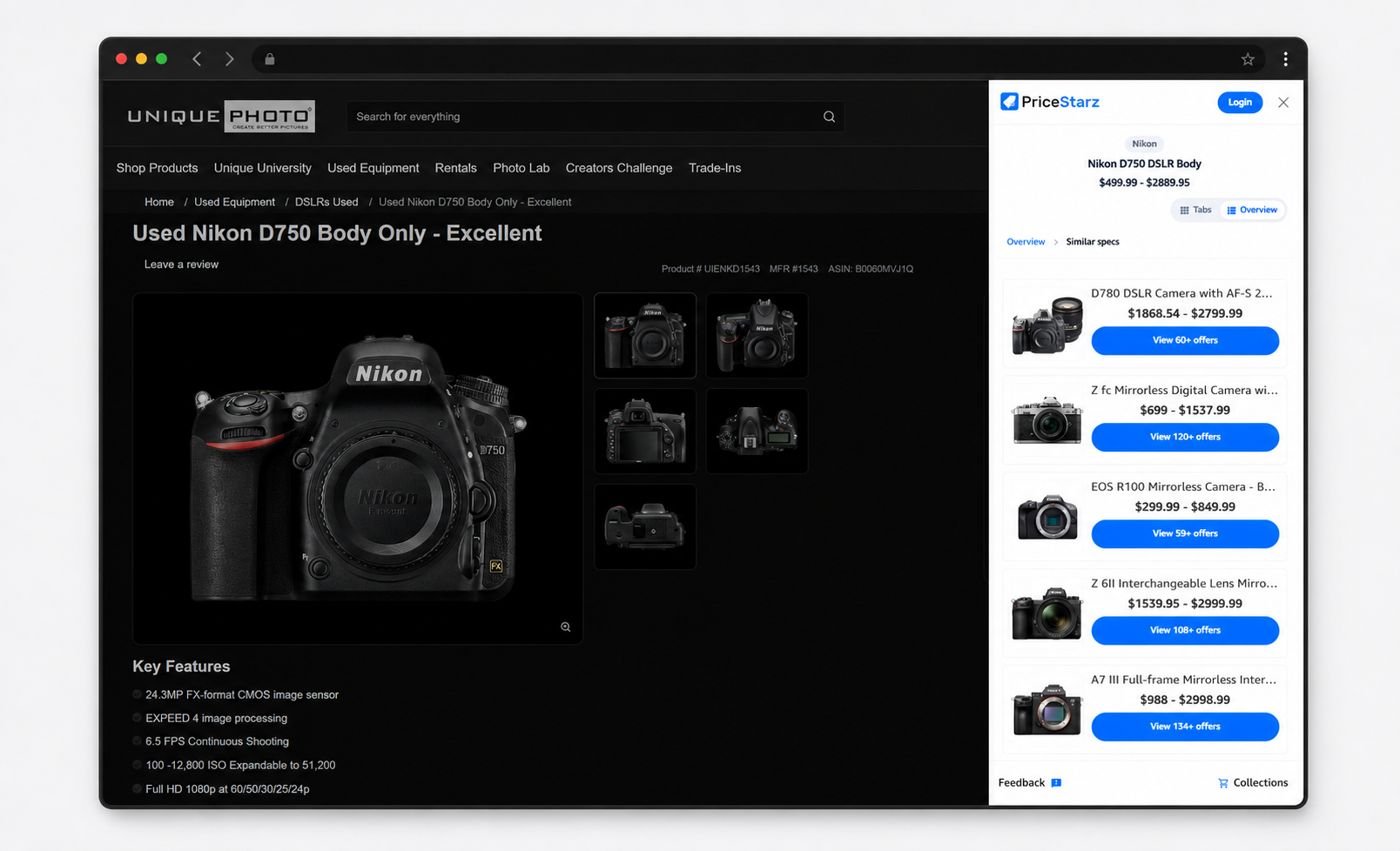 PriceStarz compares similar products beside a shopping page